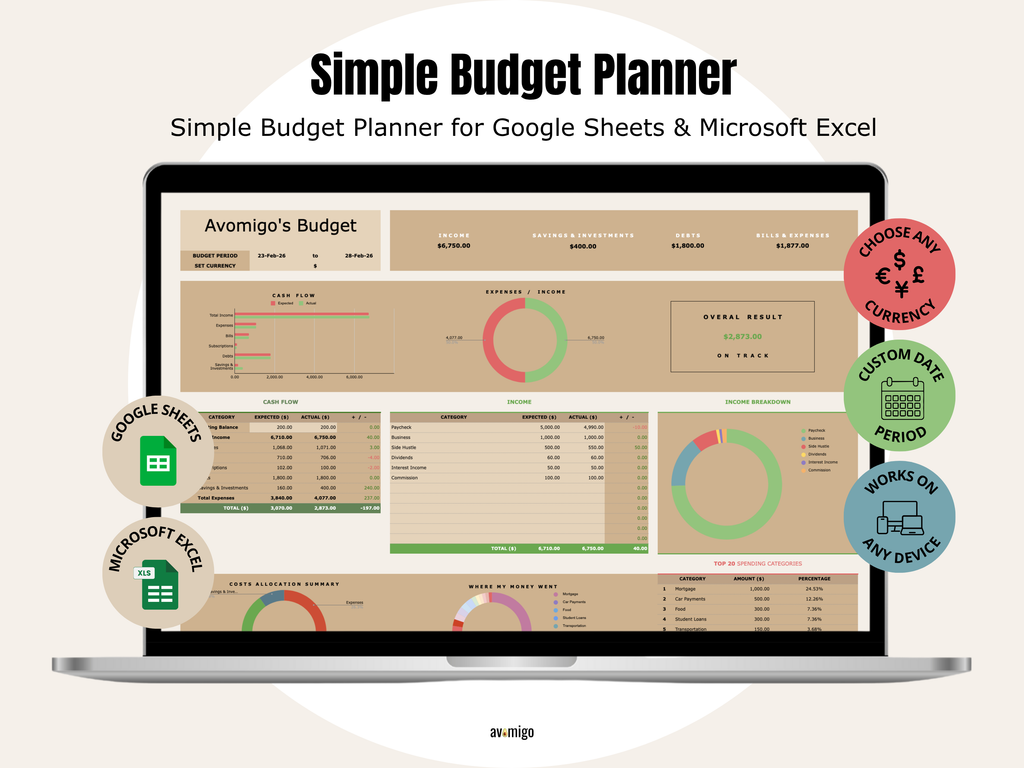 Simple Monthly Budget Planner Excel and Google Sheets